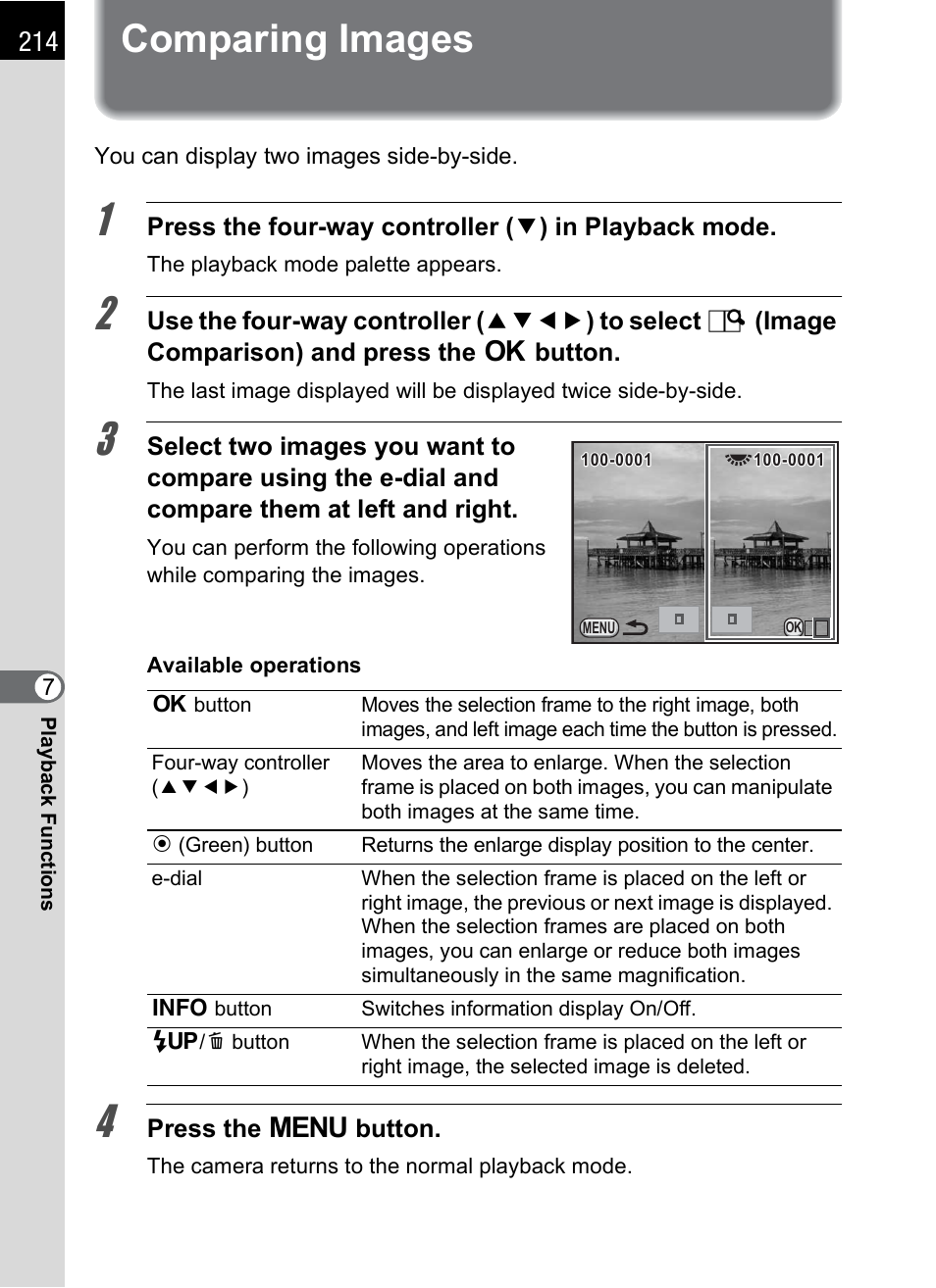 Comparing images, P.214 | Pentax K-X User Manual | Page 216 / 324