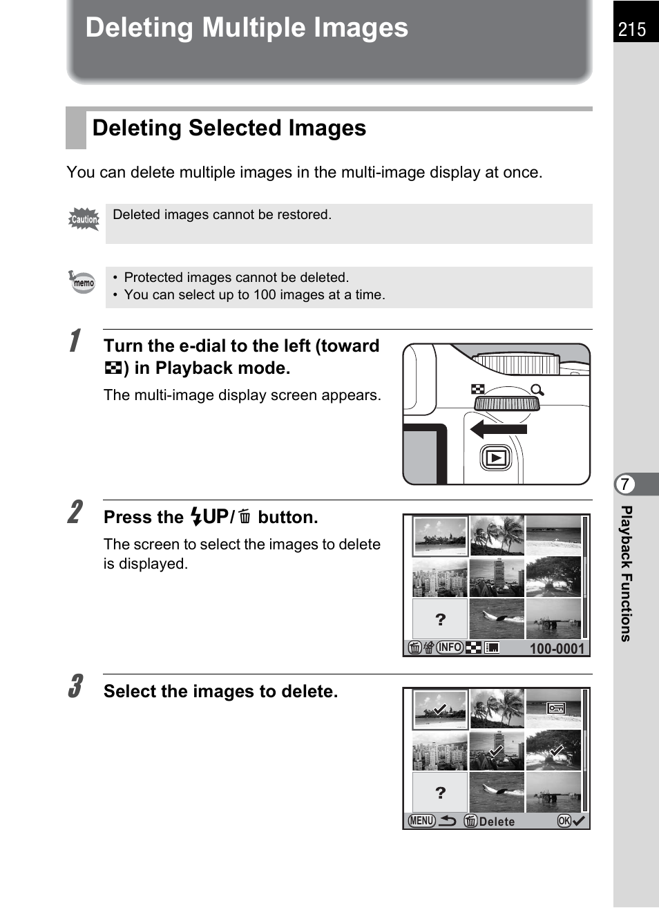 Deleting multiple images, Deleting selected images | Pentax K-X User Manual | Page 217 / 324
