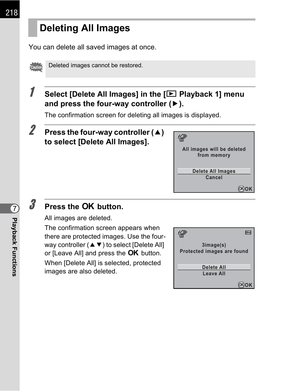 Deleting all images, P.218 | Pentax K-X User Manual | Page 220 / 324
