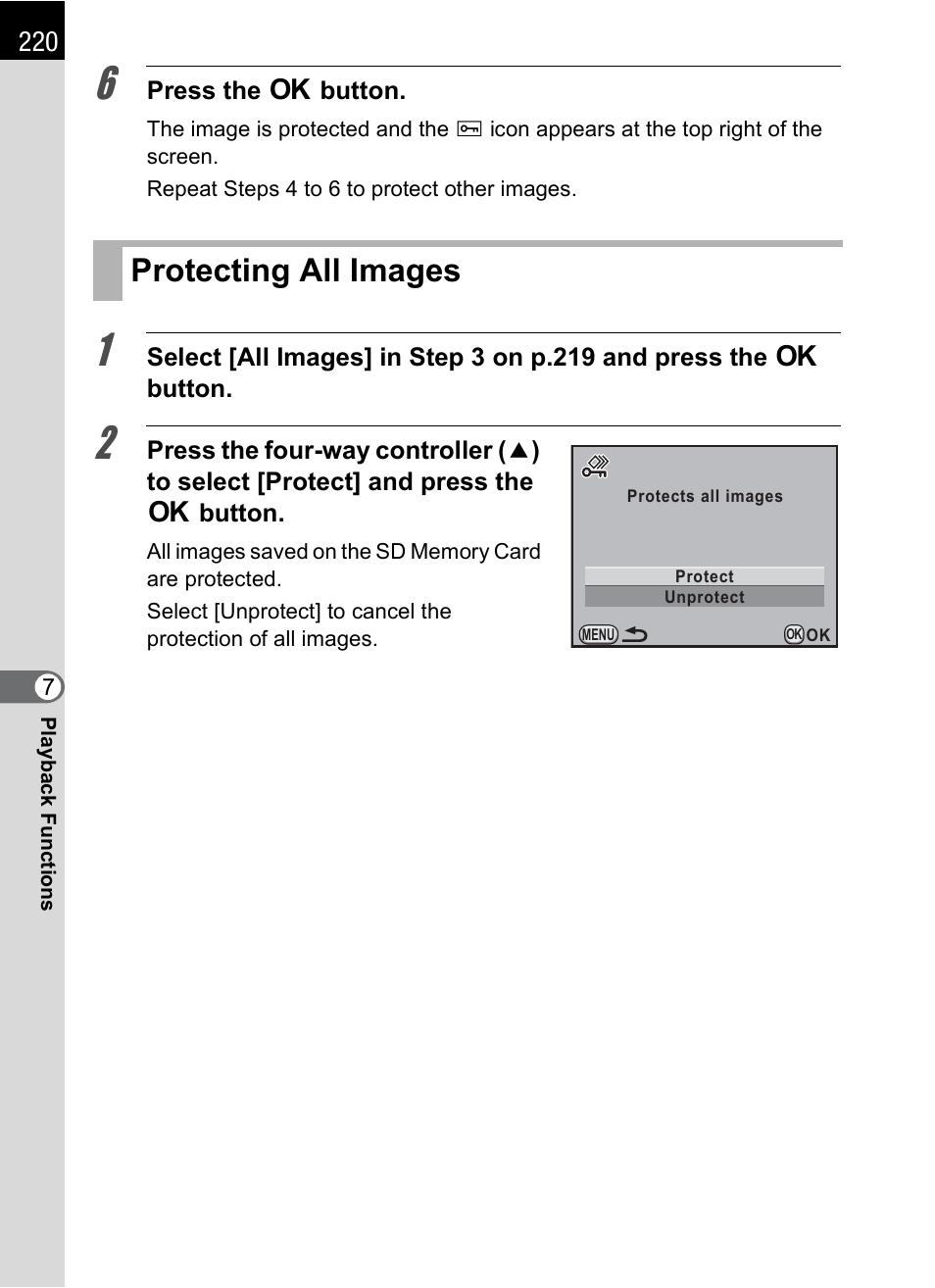 Protecting all images | Pentax K-X User Manual | Page 222 / 324