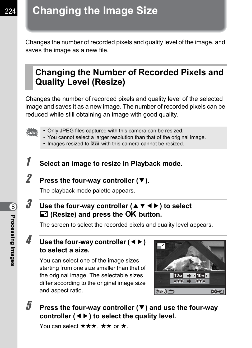 Changing the image size, Resize), P.224 | Pentax K-X User Manual | Page 226 / 324