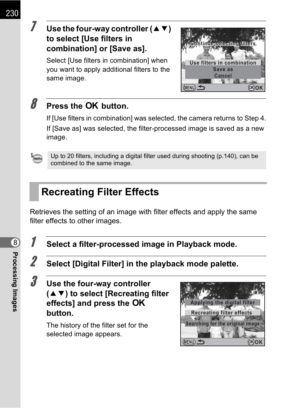 Recreating filter effects | Pentax K-X User Manual | Page 232 / 324