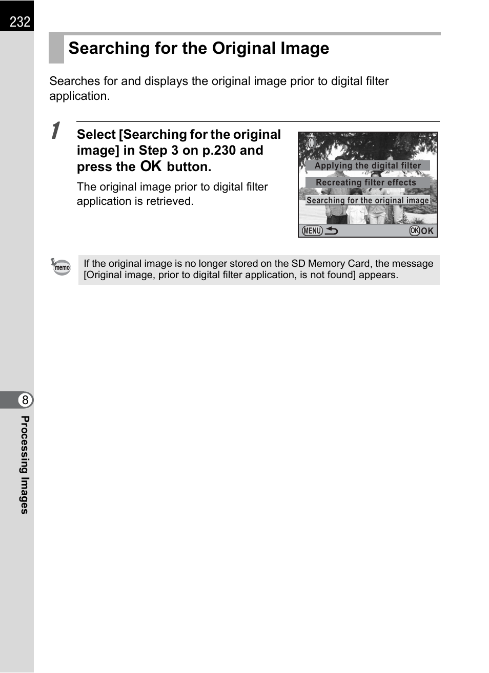 Searching for the original image | Pentax K-X User Manual | Page 234 / 324