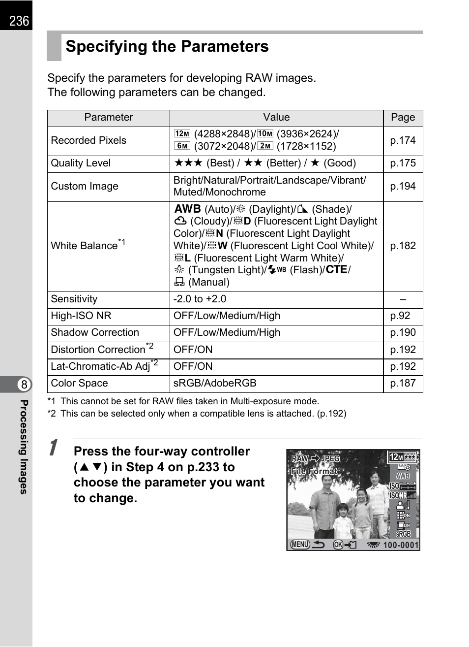 Specifying the parameters | Pentax K-X User Manual | Page 238 / 324