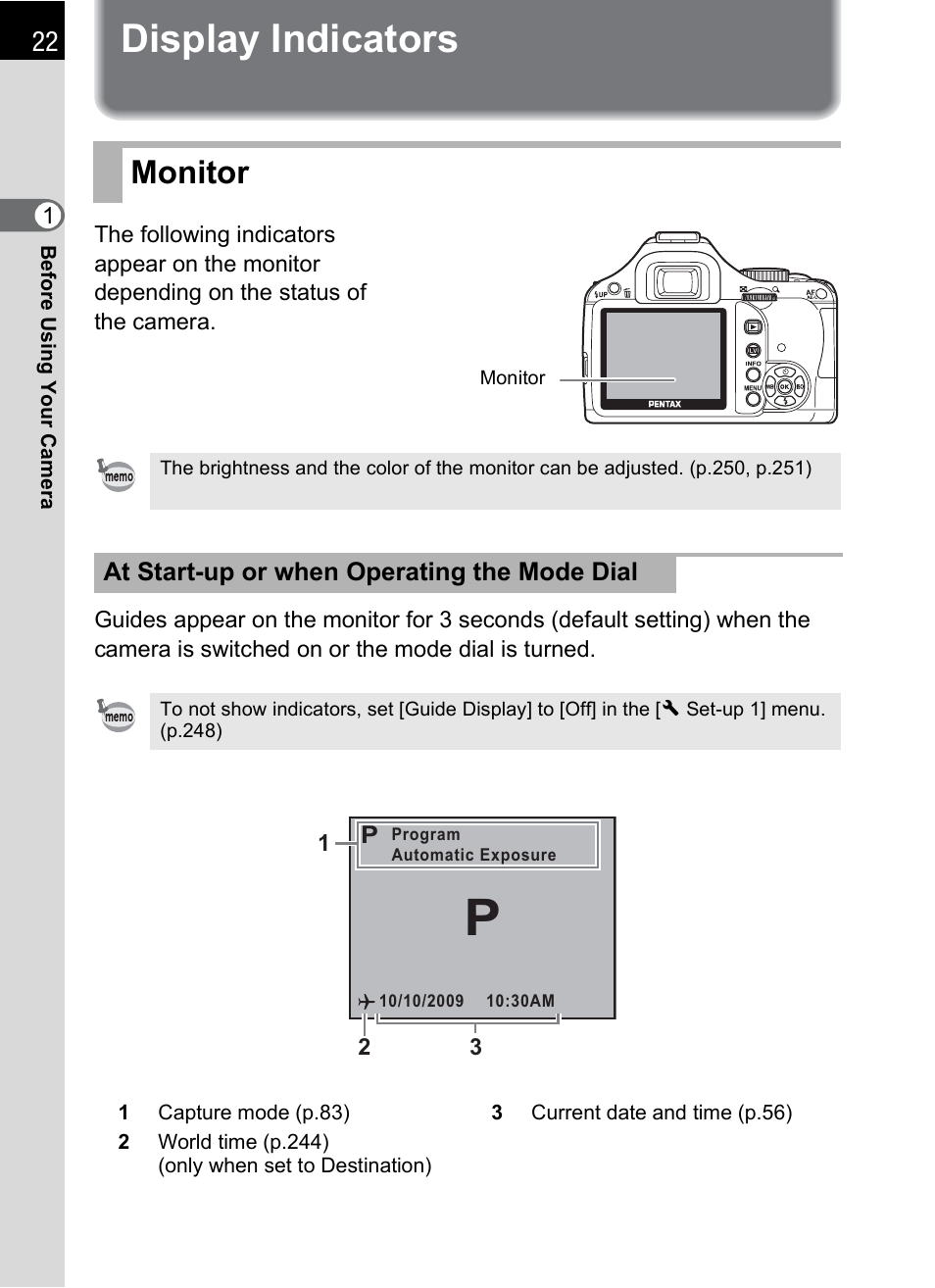 Display indicators, Monitor | Pentax K-X User Manual | Page 24 / 324