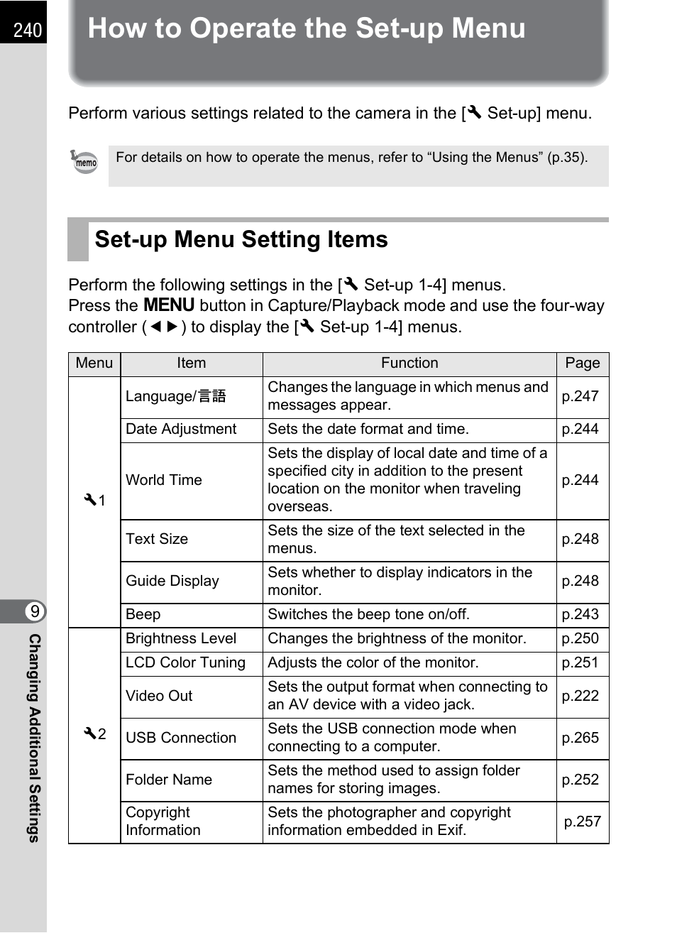 How to operate the set-up menu, Set-up menu setting items, P.240 | Pentax K-X User Manual | Page 242 / 324