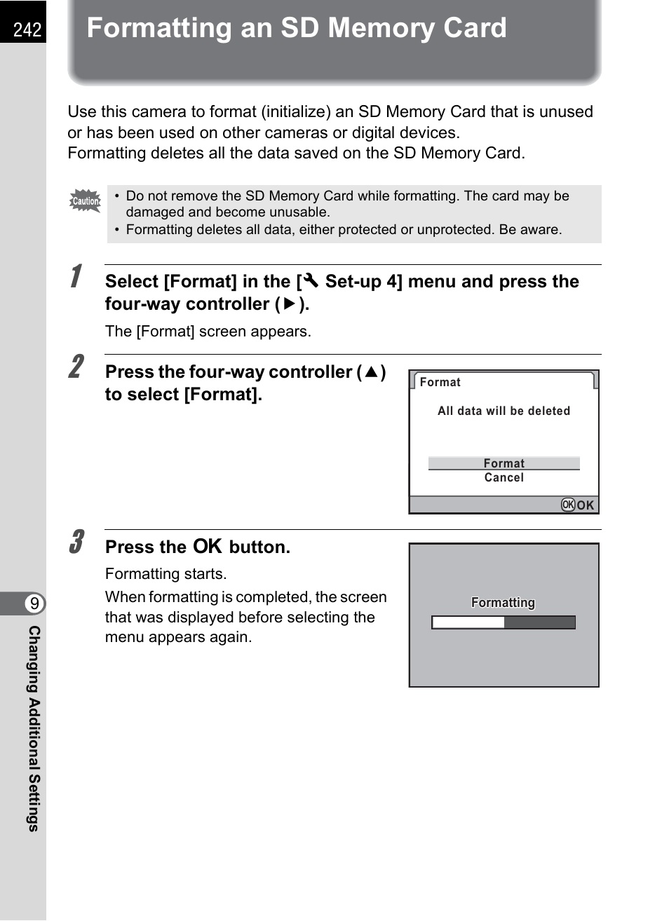 Formatting an sd memory card, P.242 | Pentax K-X User Manual | Page 244 / 324