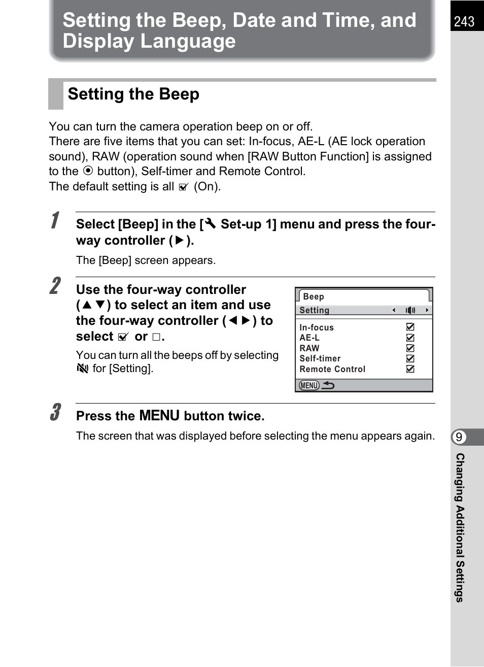 Setting the beep, P.243), P.243 | Pentax K-X User Manual | Page 245 / 324