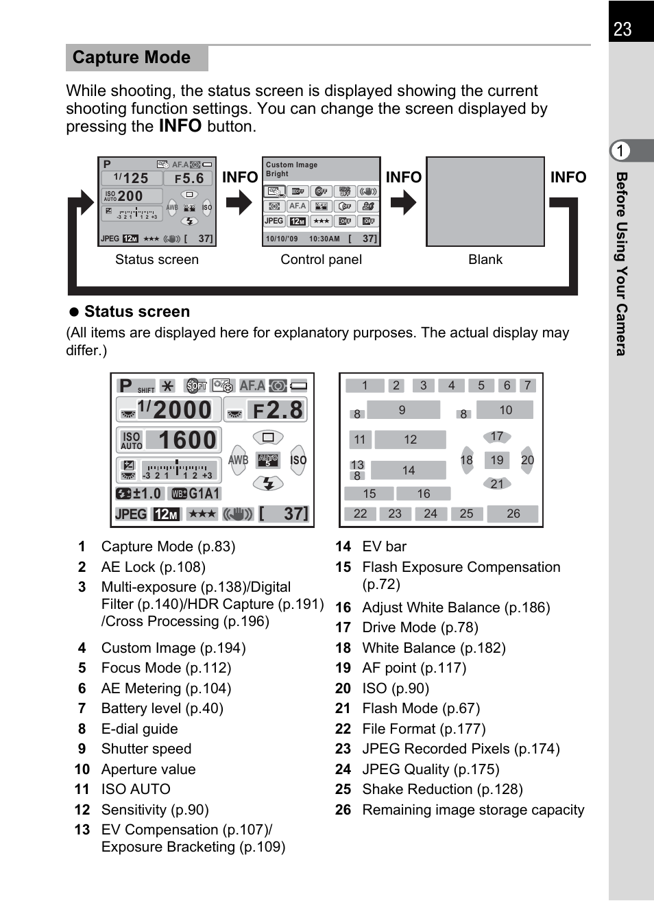 P.23), Capture mode, 0 g1a1 | Pentax K-X User Manual | Page 25 / 324
