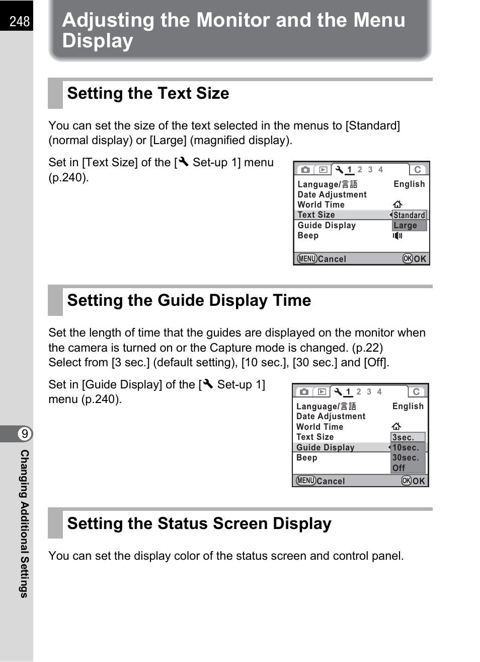 Adjusting the monitor and the menu display, Setting the text size, Setting the guide display time | Setting the status screen display, P.248 | Pentax K-X User Manual | Page 250 / 324