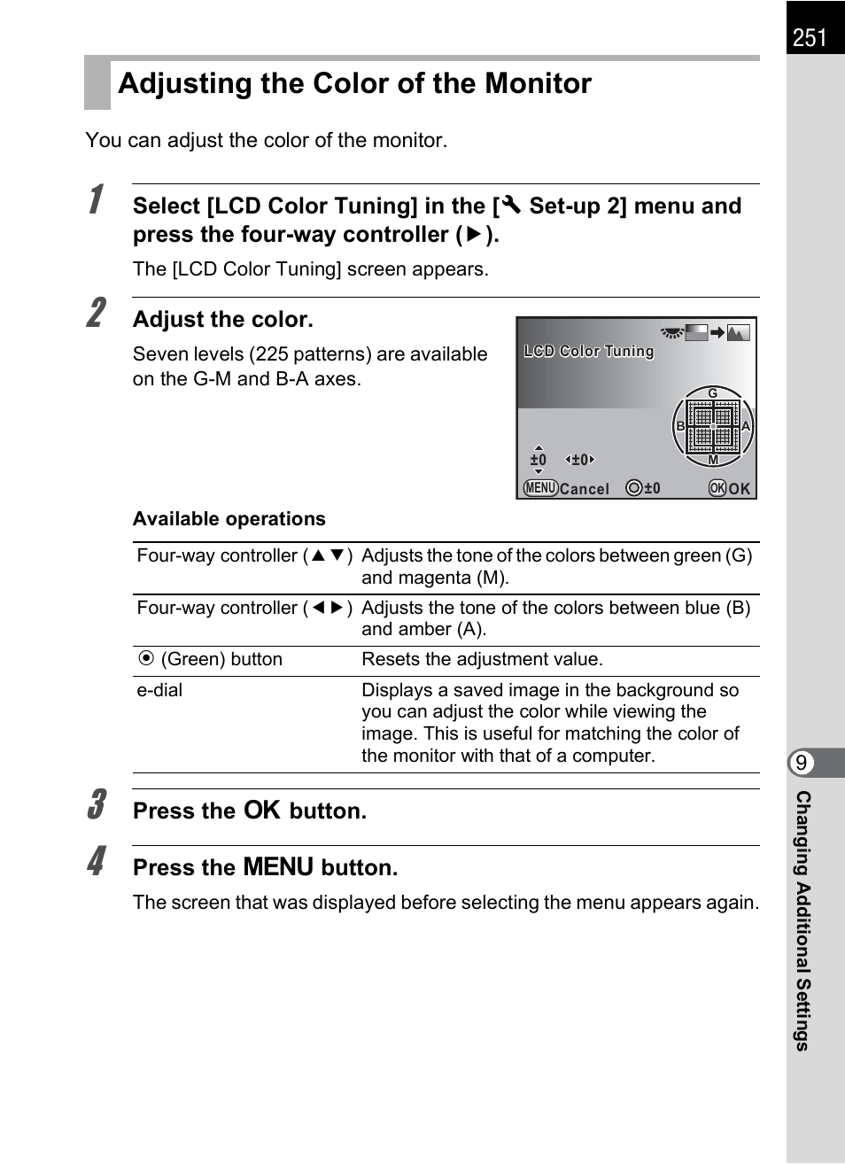 Adjusting the color of the monitor, P.251), P.251 | Pentax K-X User Manual | Page 253 / 324