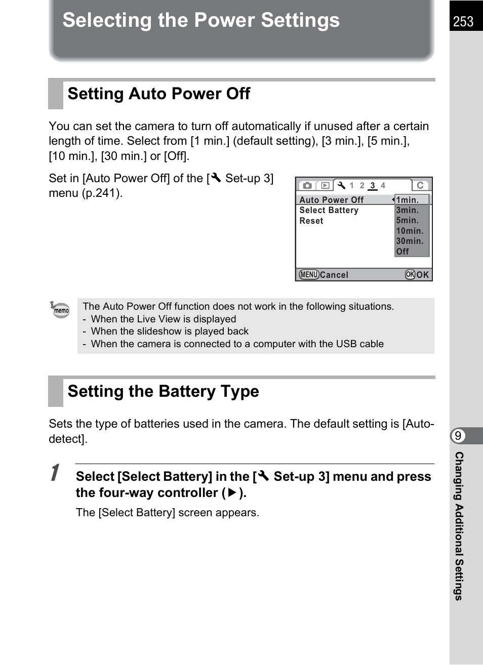 Selecting the power settings, Setting auto power off, Setting the battery type | P.253 | Pentax K-X User Manual | Page 255 / 324