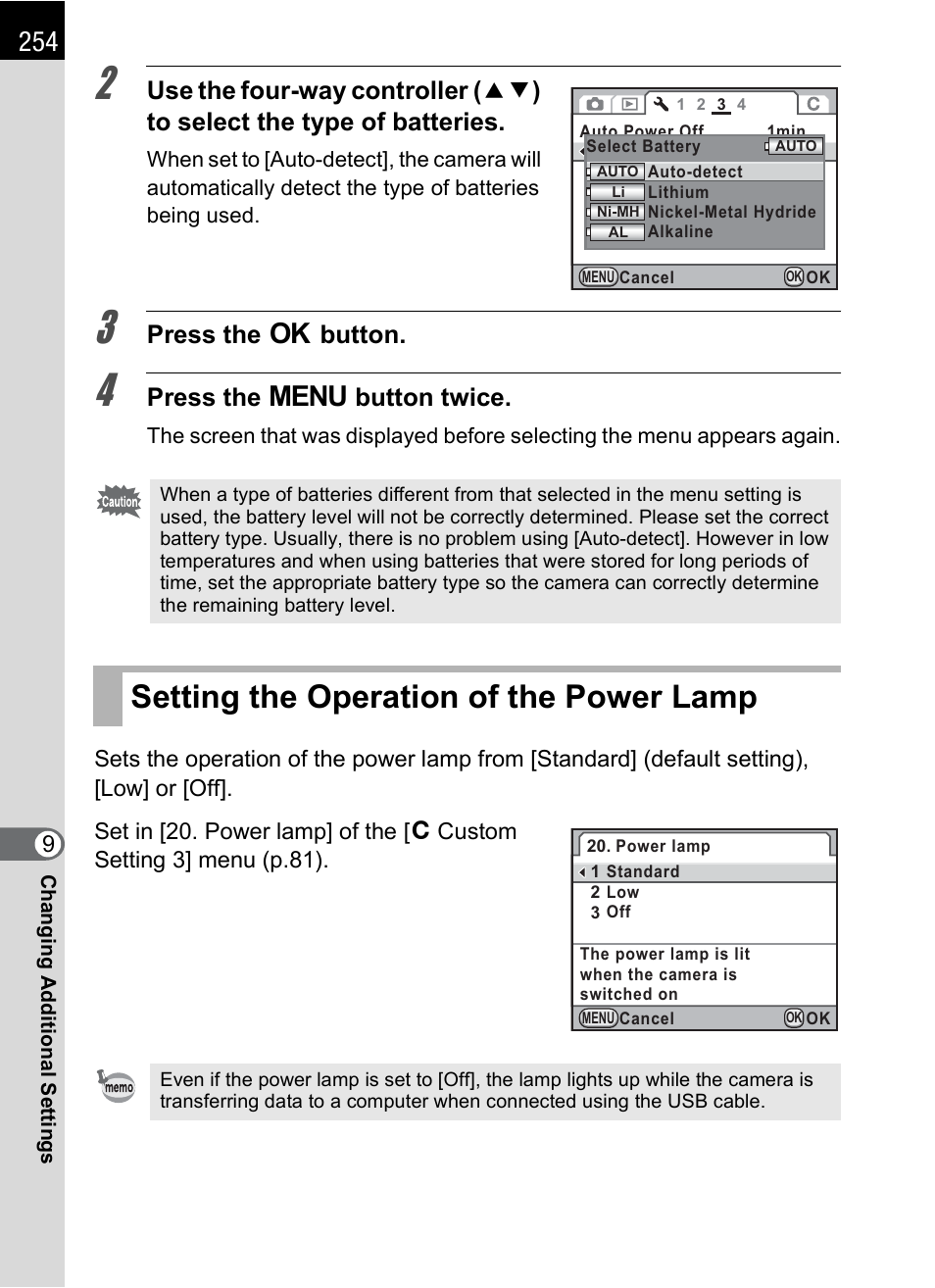 Setting the operation of the power lamp, P.254, Press the 4 button | Press the 3 button twice | Pentax K-X User Manual | Page 256 / 324