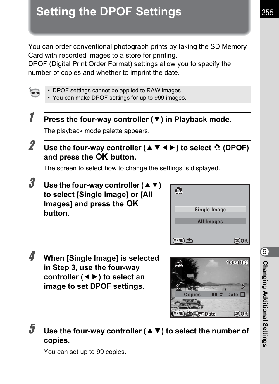 Setting the dpof settings, P.255 | Pentax K-X User Manual | Page 257 / 324