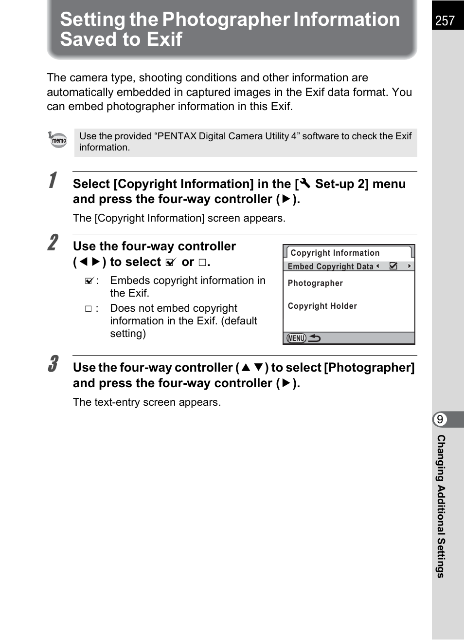 Setting the photographer information saved to exif, Ographer (p.257), Lder (p.257) | P.257 | Pentax K-X User Manual | Page 259 / 324
