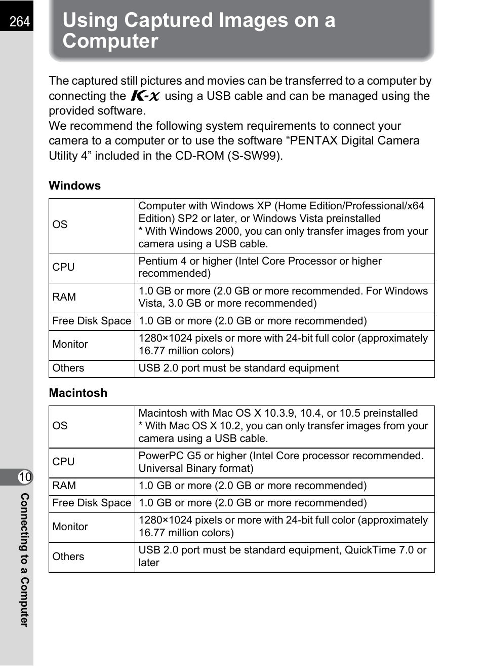 Using captured images on a computer | Pentax K-X User Manual | Page 266 / 324