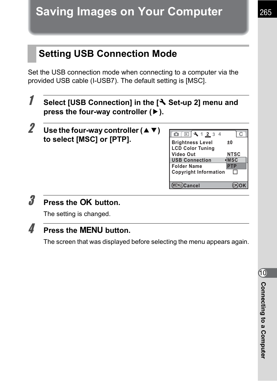 Saving images on your computer, Setting usb connection mode, P.265 | Pentax K-X User Manual | Page 267 / 324