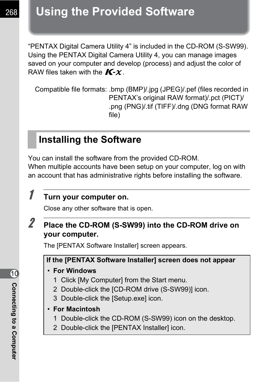 Using the provided software, Installing the software | Pentax K-X User Manual | Page 270 / 324