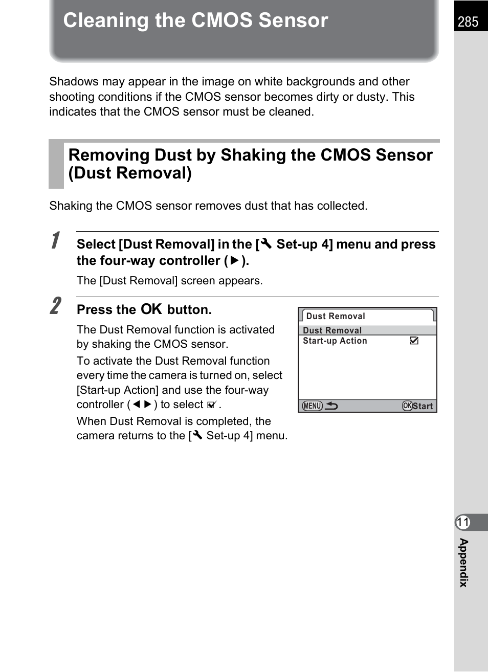 Cleaning the cmos sensor, P.285 | Pentax K-X User Manual | Page 287 / 324