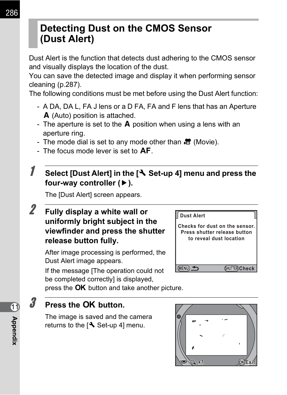 Detecting dust on the cmos sensor (dust alert), P.286 | Pentax K-X User Manual | Page 288 / 324