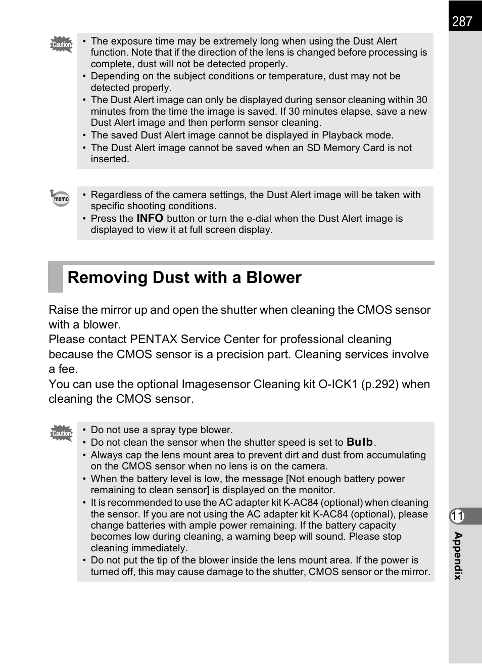 Removing dust with a blower, P.287 | Pentax K-X User Manual | Page 289 / 324