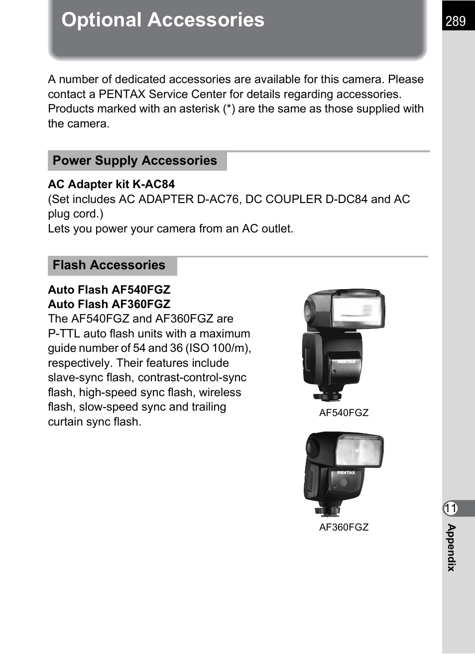 Optional accessories | Pentax K-X User Manual | Page 291 / 324