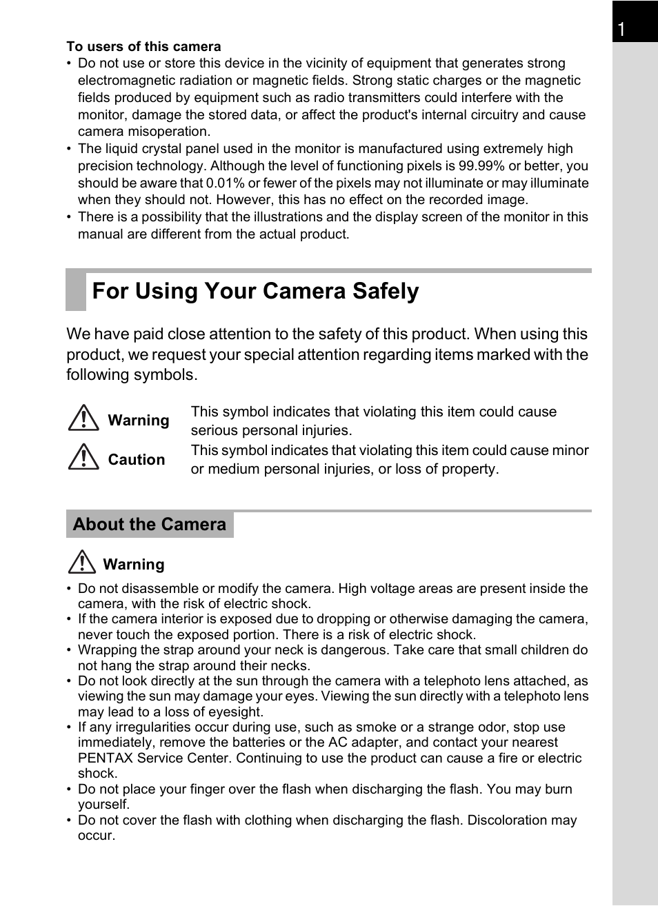 For using your camera safely, About the camera | Pentax K-X User Manual | Page 3 / 324