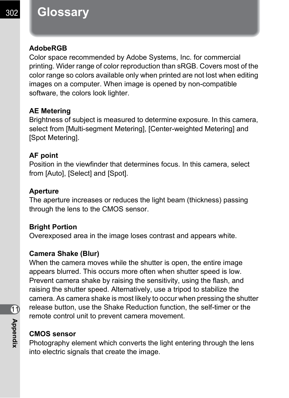 Glossary | Pentax K-X User Manual | Page 304 / 324