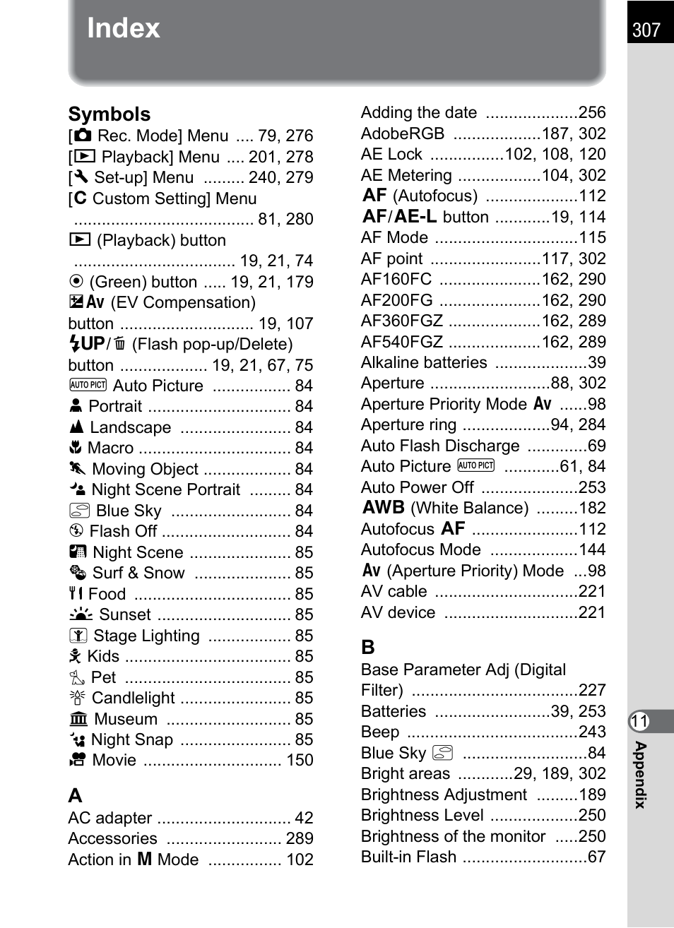 Index, Symbols | Pentax K-X User Manual | Page 309 / 324