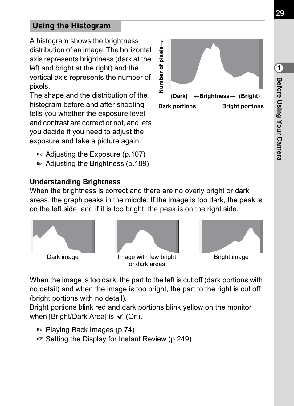 Using the histogram | Pentax K-X User Manual | Page 31 / 324