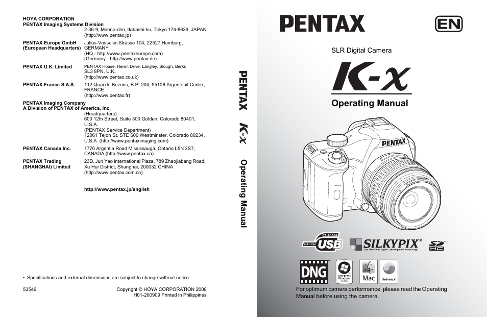 Operating manual, Oper at ing ma n u al, Slr digital camera | Pentax K-X User Manual | Page 324 / 324