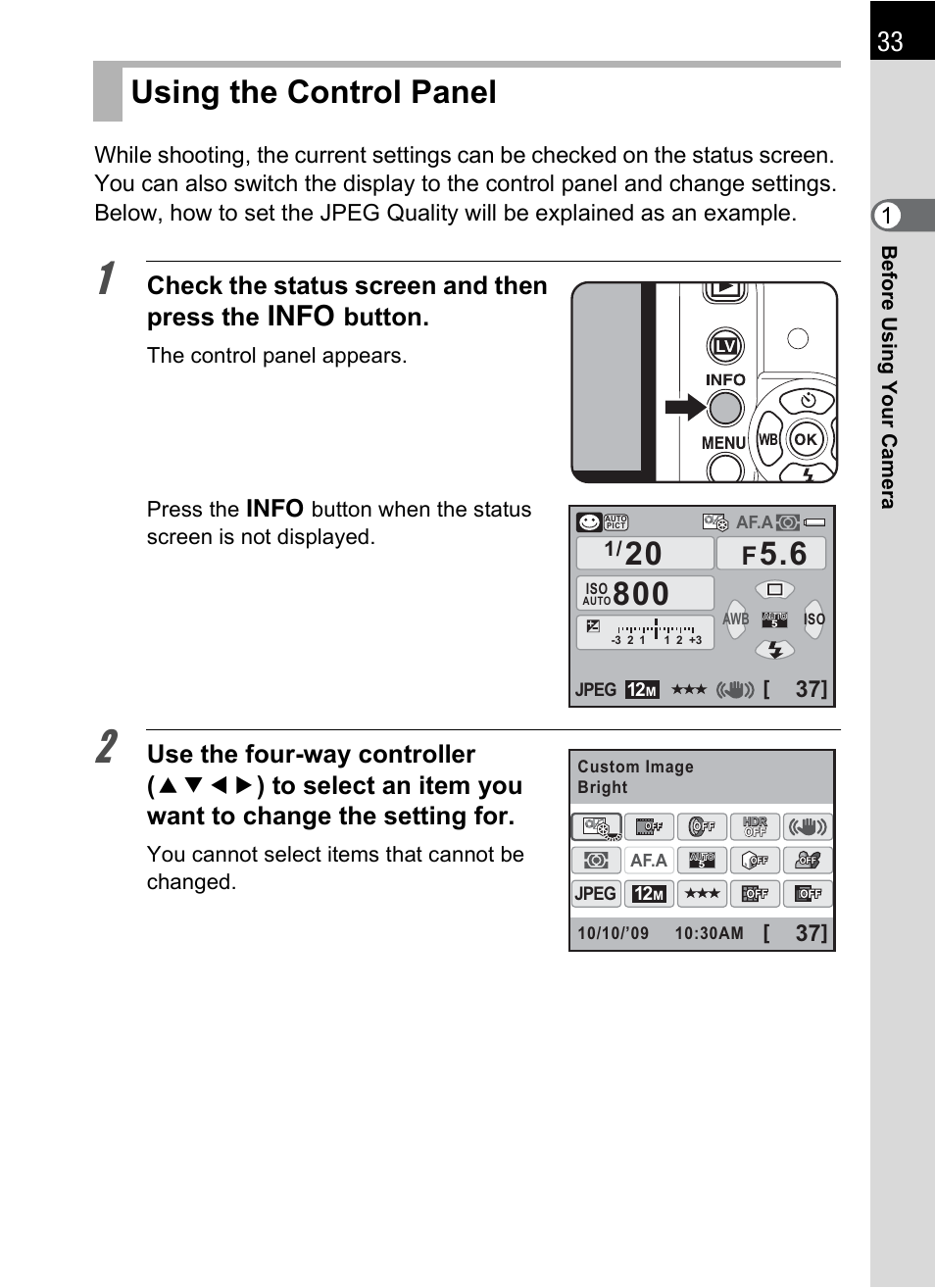 Using the control panel | Pentax K-X User Manual | Page 35 / 324