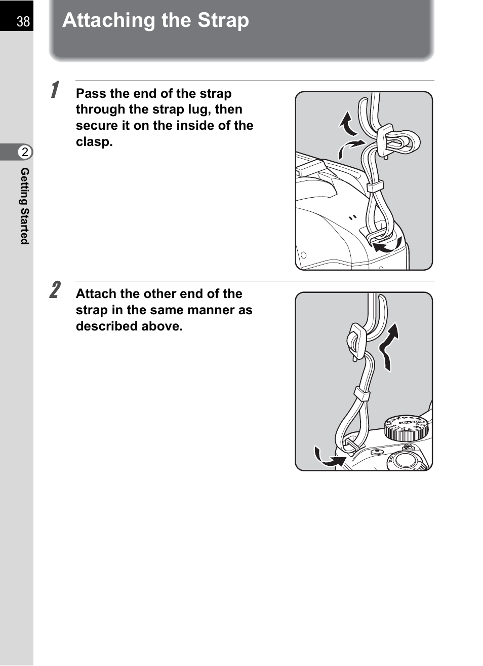 Attaching the strap | Pentax K-X User Manual | Page 40 / 324