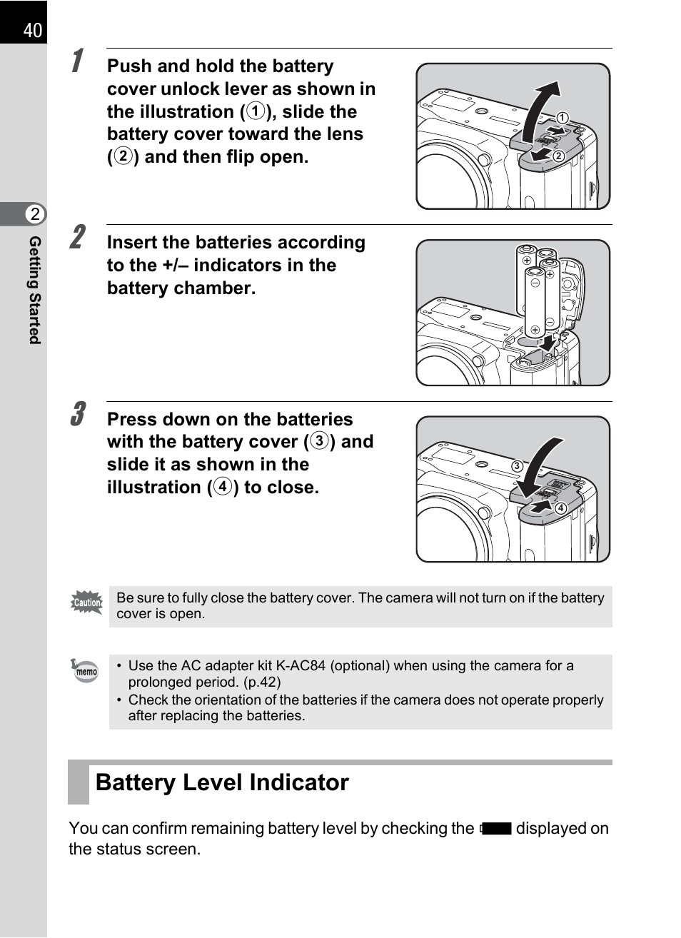 Battery level indicator, P.40) | Pentax K-X User Manual | Page 42 / 324