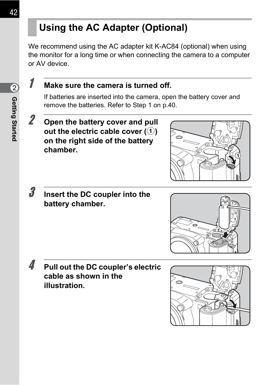Using the ac adapter (optional) | Pentax K-X User Manual | Page 44 / 324