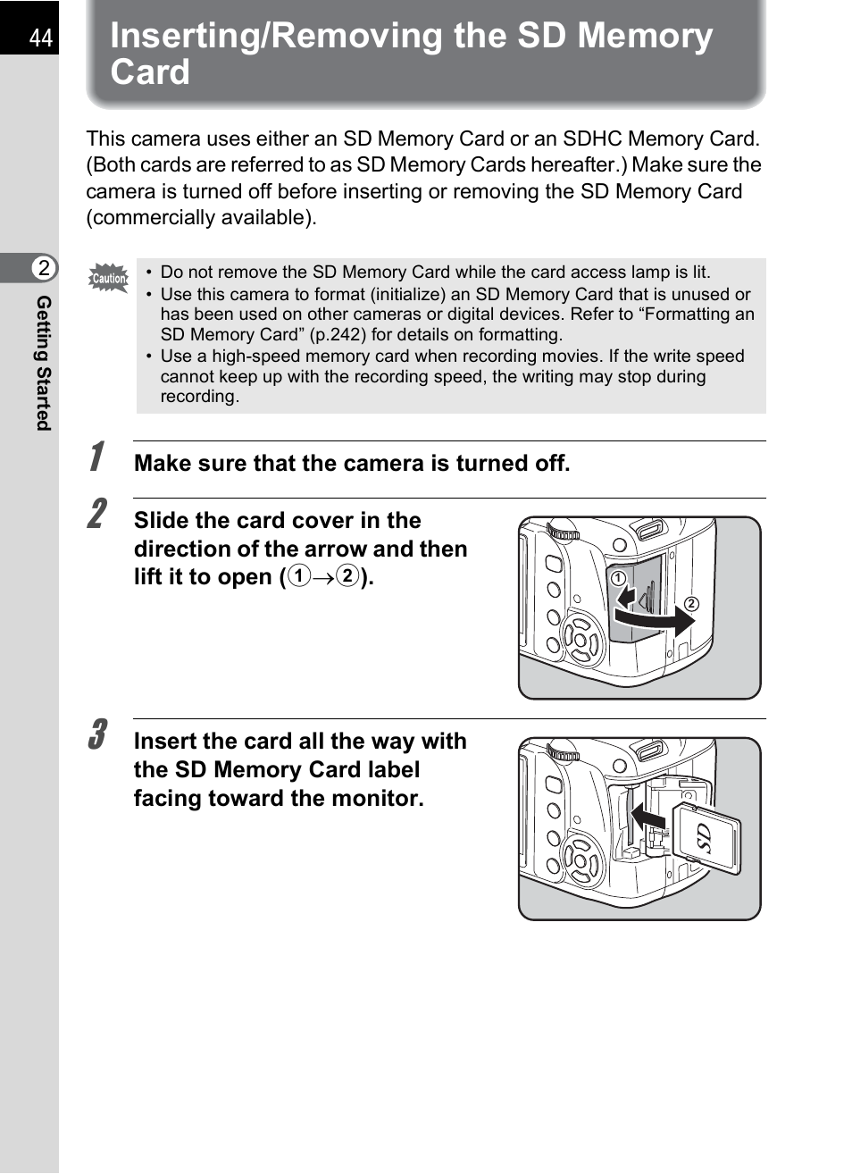 Inserting/removing the sd memory card | Pentax K-X User Manual | Page 46 / 324