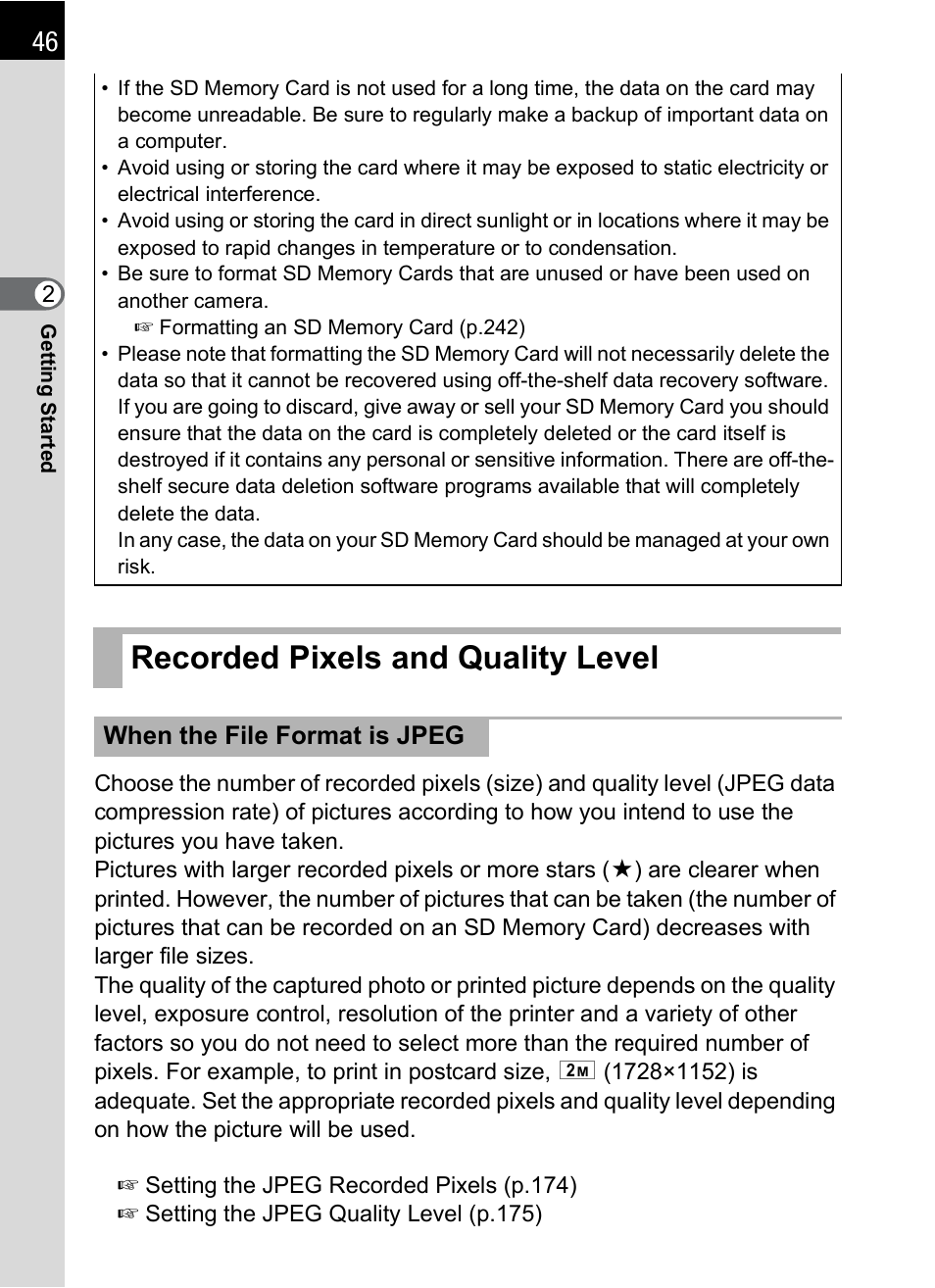 Recorded pixels and quality level | Pentax K-X User Manual | Page 48 / 324