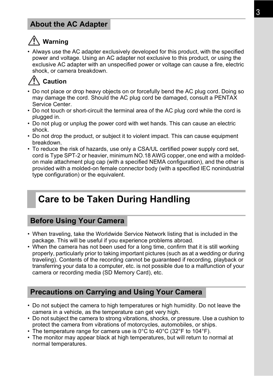 Care to be taken during handling, About the ac adapter | Pentax K-X User Manual | Page 5 / 324