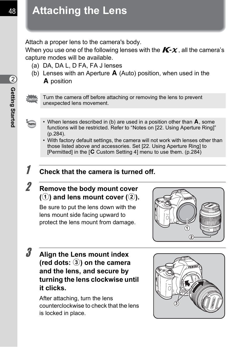 Attaching the lens | Pentax K-X User Manual | Page 50 / 324