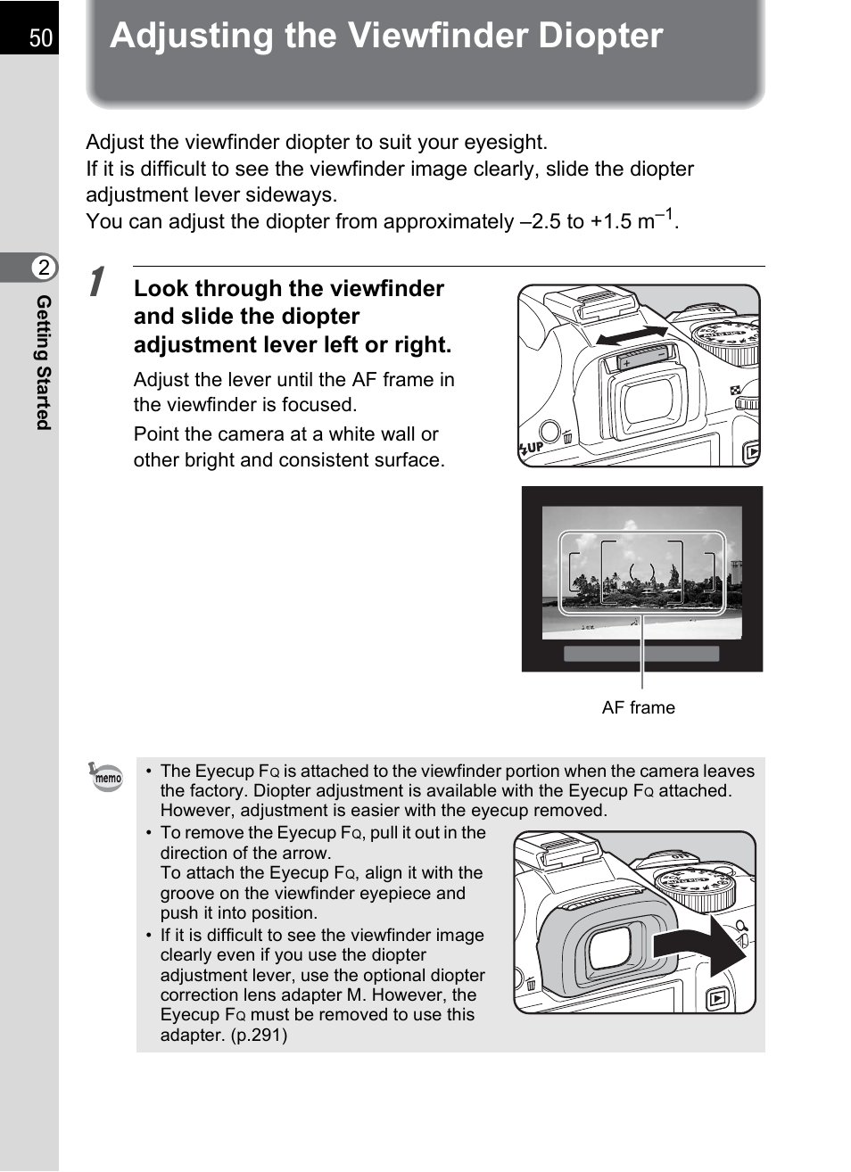 Adjusting the viewfinder diopter, E (p.50) | Pentax K-X User Manual | Page 52 / 324