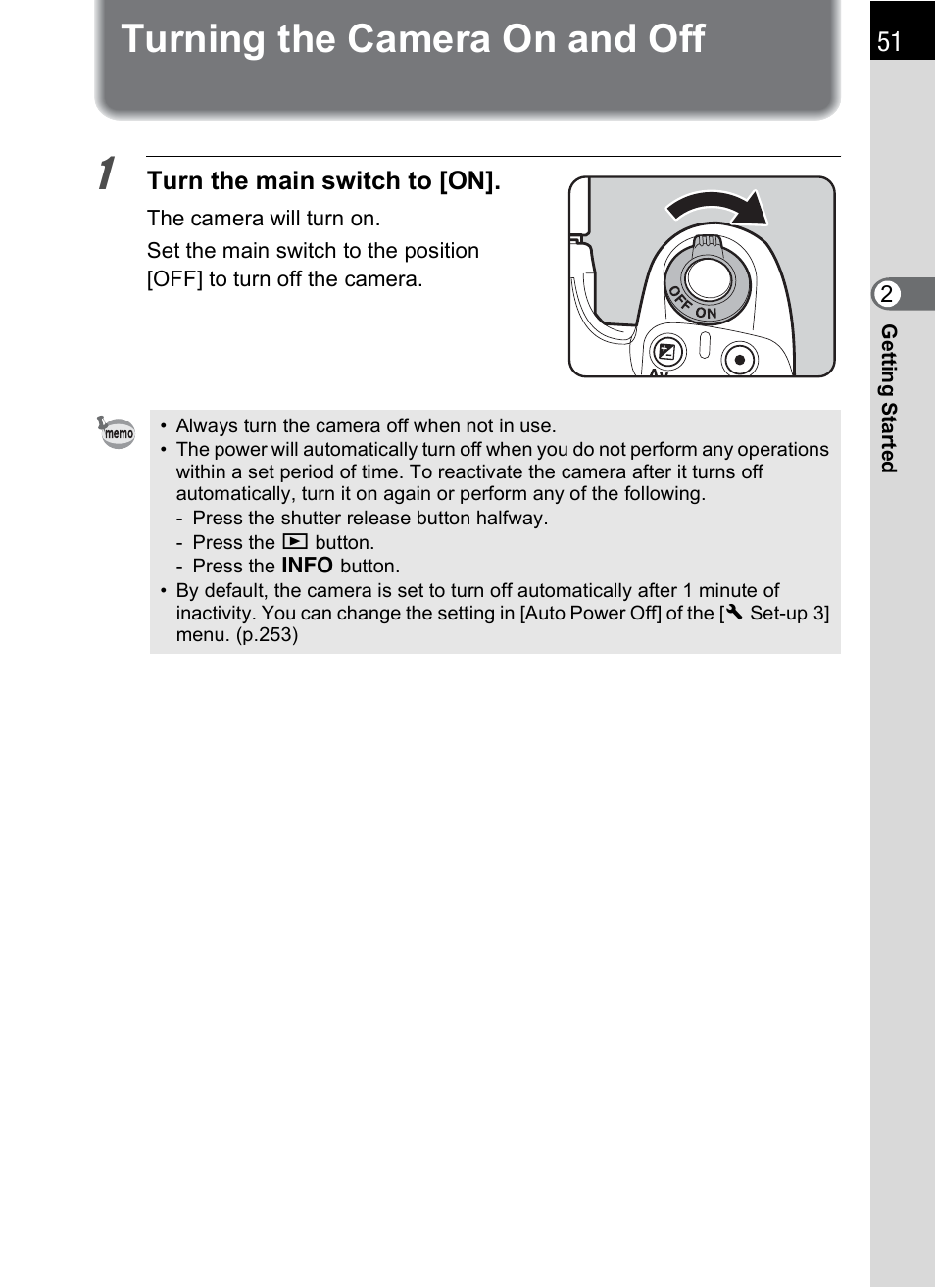 Turning the camera on and off, P.51) | Pentax K-X User Manual | Page 53 / 324
