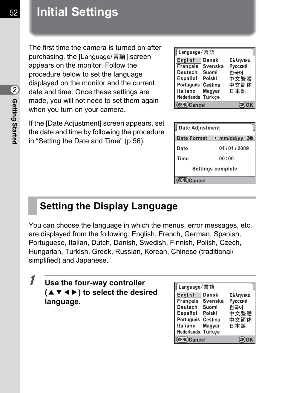 Initial settings, Setting the display language | Pentax K-X User Manual | Page 54 / 324