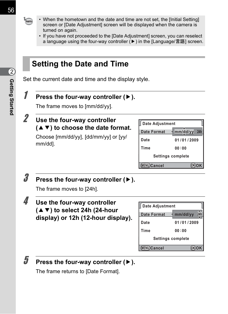 Setting the date and time, P.56), Press the four-way controller ( 5 ) | Pentax K-X User Manual | Page 58 / 324