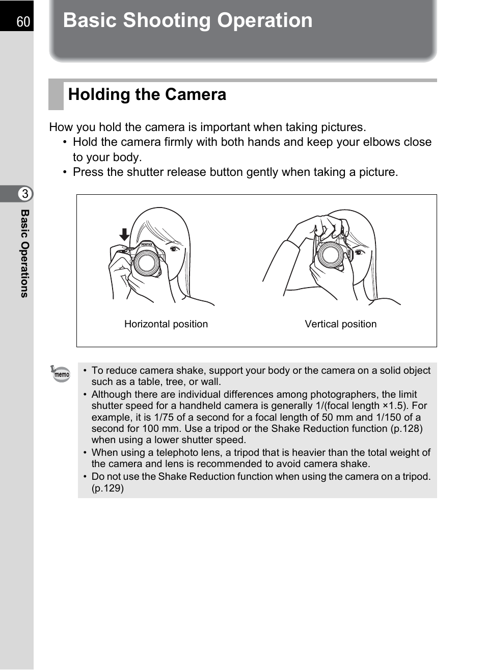 Basic shooting operation, Holding the camera | Pentax K-X User Manual | Page 62 / 324