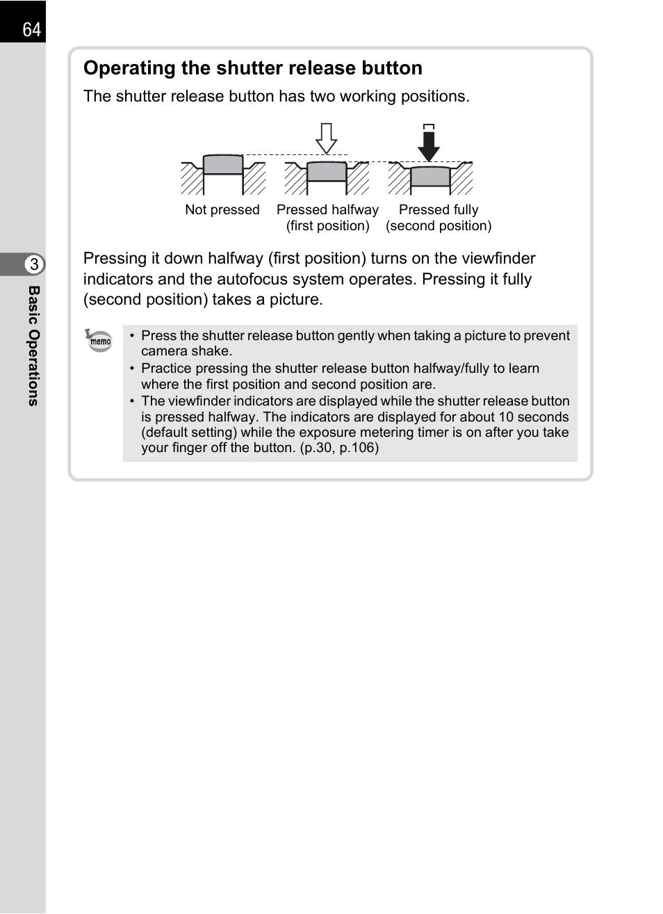 P.64), Operating the shutter release button | Pentax K-X User Manual | Page 66 / 324