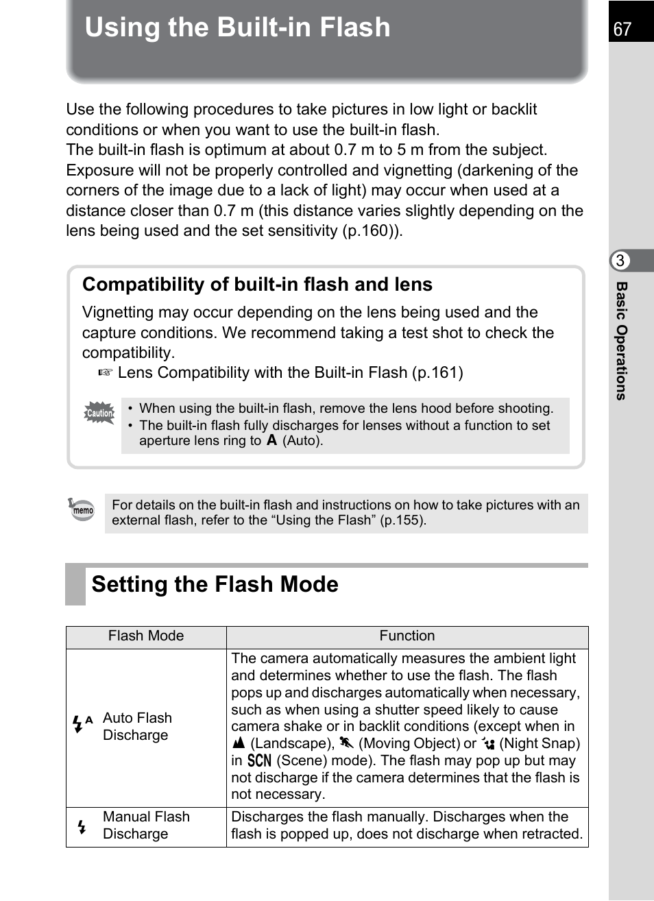 Using the built-in flash, Setting the flash mode, P.67) | Ode (p.67), Using the built-in flash (p.67), Compatibility of built-in flash and lens | Pentax K-X User Manual | Page 69 / 324