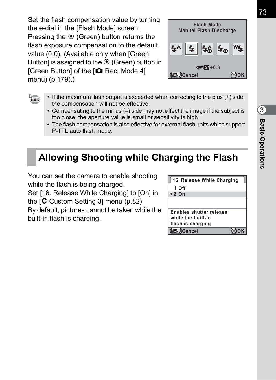 Allowing shooting while charging the flash | Pentax K-X User Manual | Page 75 / 324