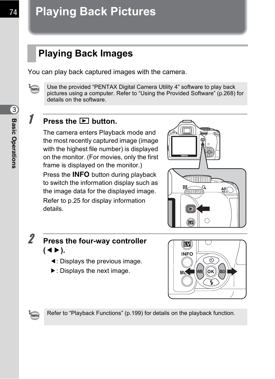 Playing back pictures, Playing back images, P.74) | Playing back images (p.74) | Pentax K-X User Manual | Page 76 / 324