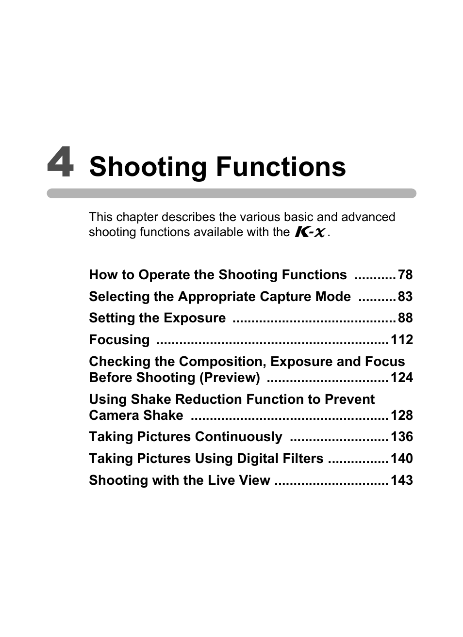 4 shooting functions, Shooting functions | Pentax K-X User Manual | Page 79 / 324