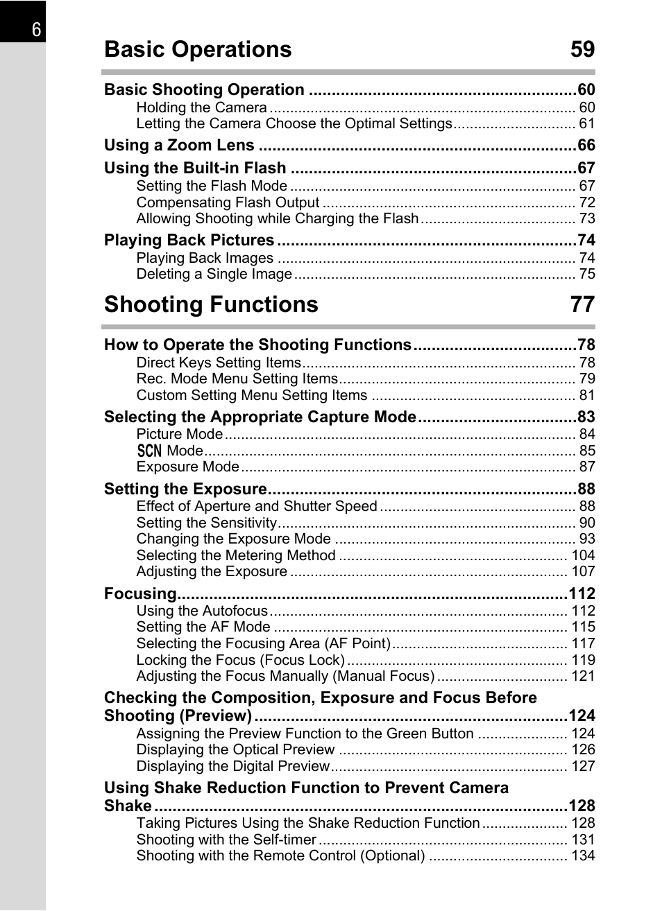 Basic operations 59, Shooting functions 77 | Pentax K-X User Manual | Page 8 / 324